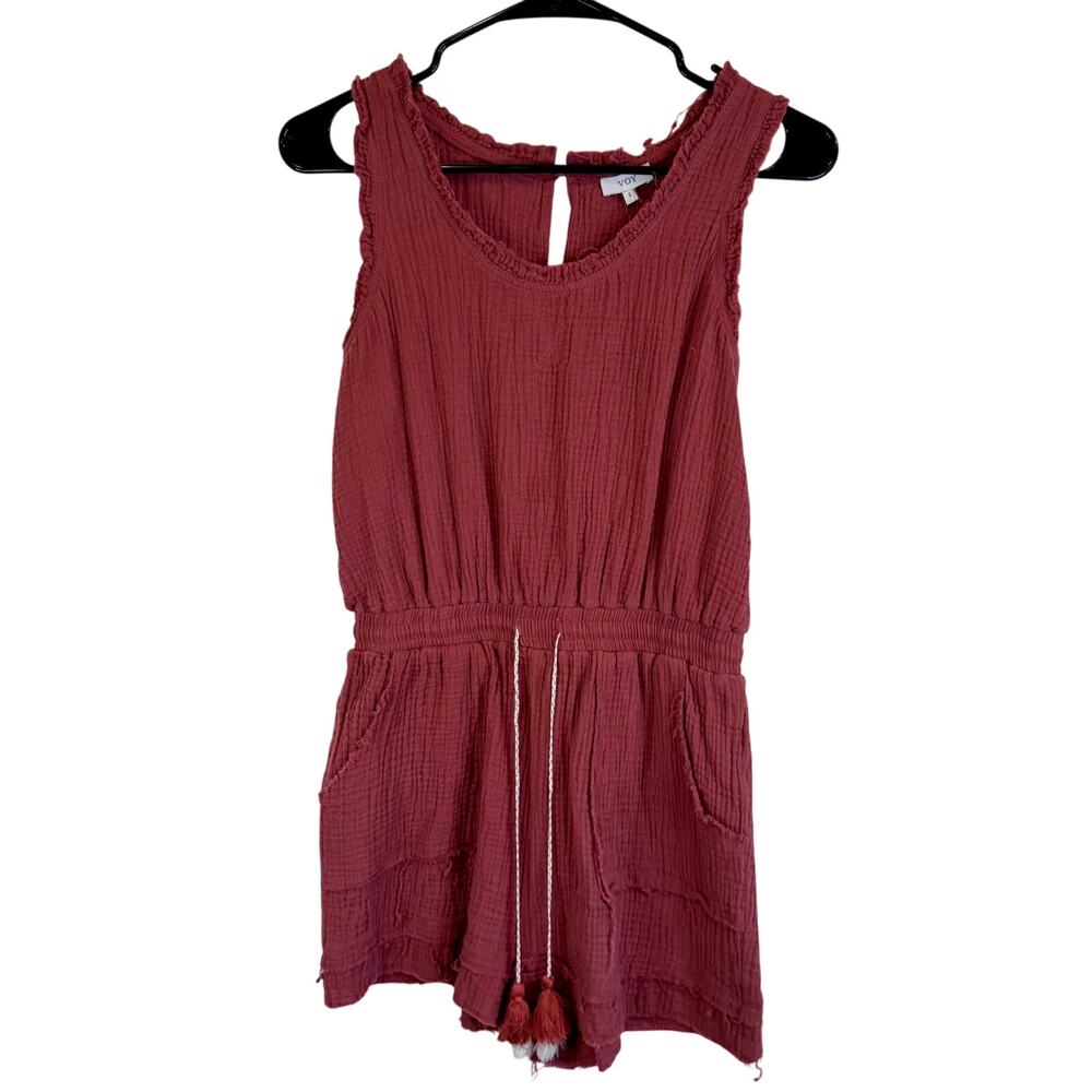 VOY Size Small Womens Red Gauze Distressed Boho Romper Shorts Sleeveless